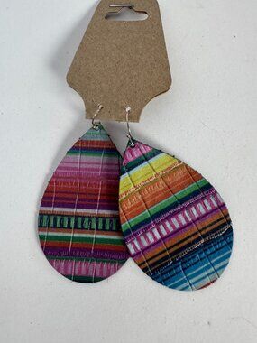 Teardrop Leather Dangle Earrings Multicolor Striped Boho Hook Earrings Handmade